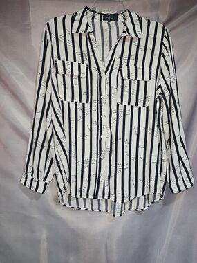 Milk & Honey Black White Striped Rayon Utility Shirt Button Script Shirt